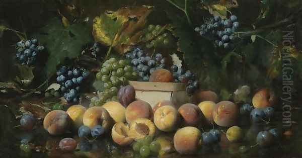 Still Life with Peaches, Plums and Grapes Oil Painting by Joseph Decker