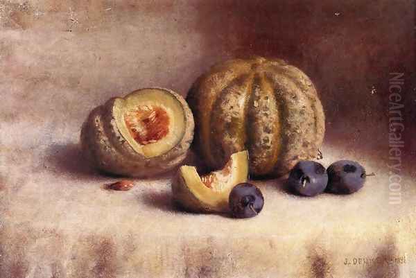 Still Life with Plums and Melons Oil Painting by Joseph Decker