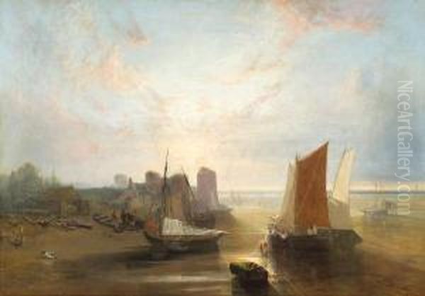 A Coastal Scene With Figures By Beached Fishing Boats In The Foreground Oil Painting by John Wright Oakes