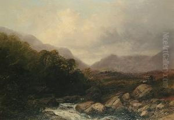 River Landscape With A Figure And A Dog On The Bank Oil Painting by John Wright Oakes