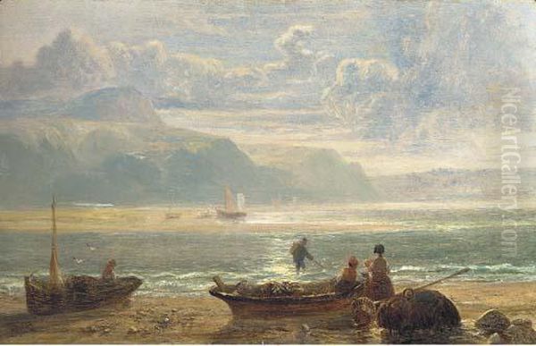 Fisherfolk On A Beach Oil Painting by John Wright Oakes