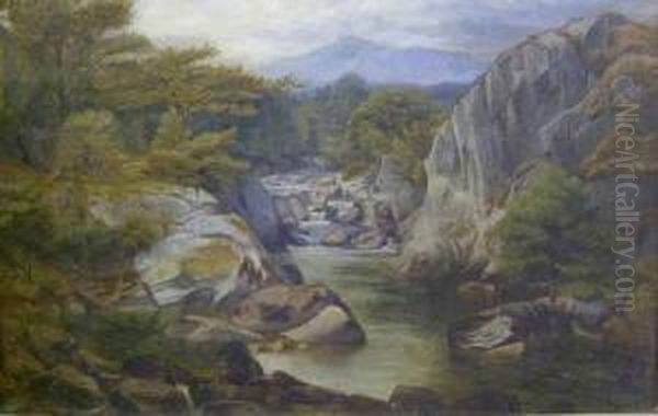 Anglers On A Welsh River Oil Painting by John Wright Oakes