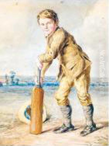 A Boy Playing Cricket Oil Painting by Octavius Oakley