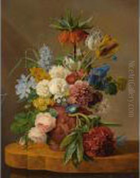 Flowers In A Vase On A Marble Ledge Oil Painting by Anthony Oberman