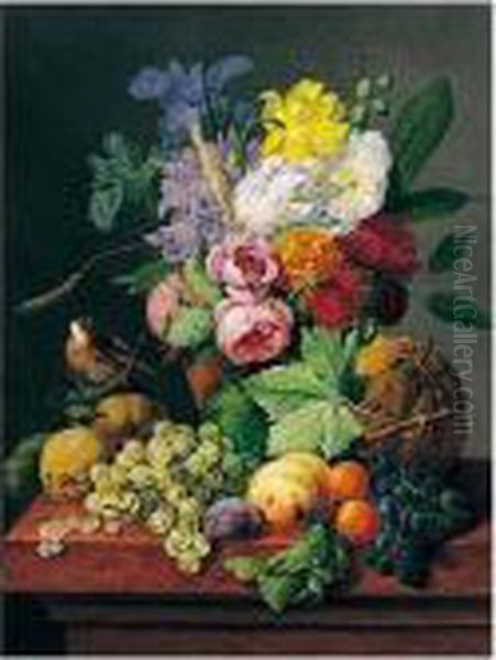 Bloemstilleven Met Distelvink (still Life With Flowers And Bird) Oil Painting by Anthony Oberman