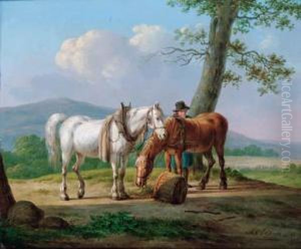 A Farmhand With His Horses Oil Painting by Anthony Oberman