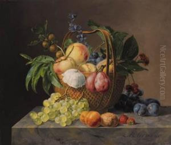 Grapes, Apples, Cherries, A 
Quince, Gooseberries, Plums, A Poppyand Other Flowers In A Basket, And A
 Walnut, Strawberries, Amarigold, Plums, Apricots And Grapes On A Marble
 Ledge Oil Painting by Anthony Oberman