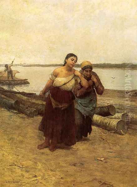 Boat Warpers 1878 Oil Painting by Lajos Deak-Ebner