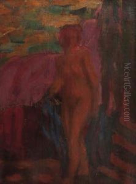 Female Nude With Blue Drapery - Study Oil Painting by Jakub Obrovsky