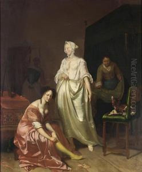 An Interior With Two Elegant Ladies Making Their Toilet 

 Together With A Maid Making The Bed And A Dog On A Chair Oil Painting by Jacob Ochtervelt