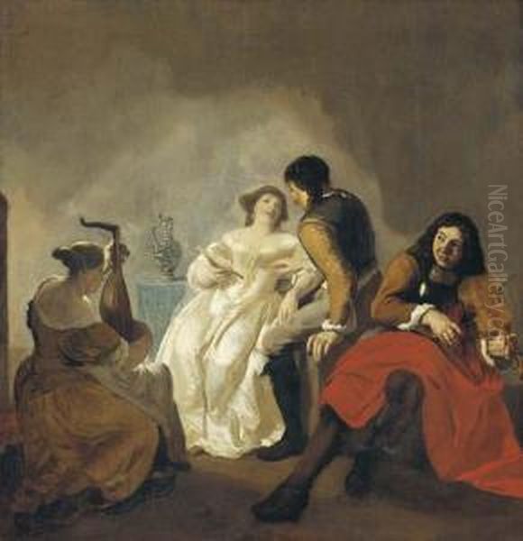 Elegant Company Making Music In An Interior Oil Painting by Jacob Ochtervelt