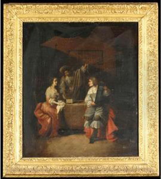 A Lady And Two Gentleman In An Interior, Examining Jewellery Oil Painting by Jacob Ochtervelt