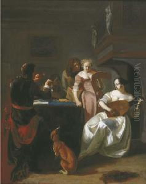 A Musical Party In An Interior Oil Painting by Jacob Ochtervelt