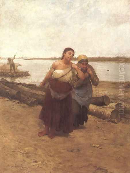 Hajovontatok, 1885 Oil Painting by Lajos Deak-Ebner