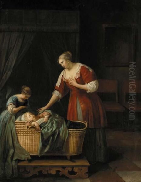 A Mother Watching Over Her Sleeping Baby, With Her Sister, In An Interior Oil Painting by Jacob Ochtervelt