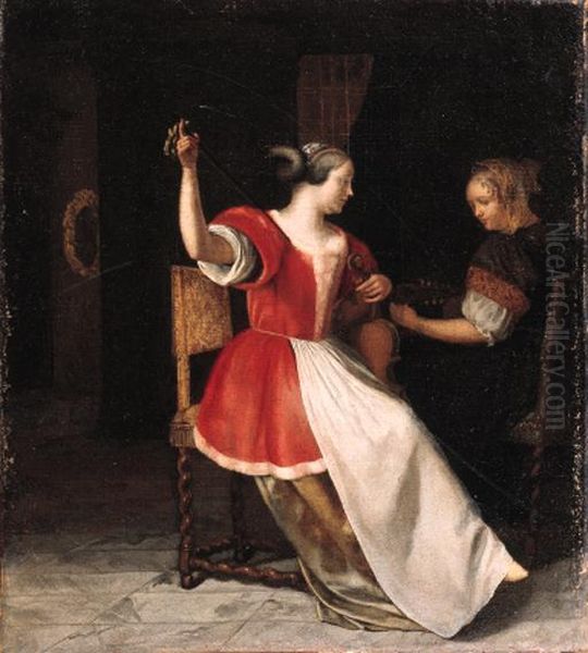 Women Playing The Lute And The Violin In An Interior Oil Painting by Jacob Ochtervelt