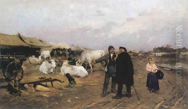 Market Scene 1880s Oil Painting by Lajos Deak-Ebner