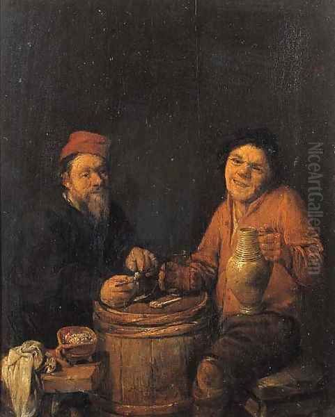 Boors drinking and smoking at a barrel Oil Painting by Abraham Diepraam