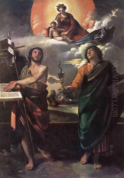 The Virgin Appearing to Sts John the Baptist and John the Evangelist 1520s Oil Painting by Dosso Dossi