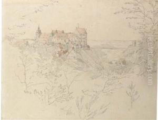 Schloss Colditz, Saxony, Seen Through Trees Oil Painting by Ernst Ferdinand Oehme