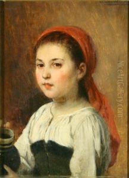 Young Girl With A Red Scarf Oil Painting by Hugo Oehmichen