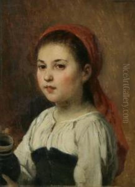 Young Girl With A Redscarf Oil Painting by Hugo Oehmichen