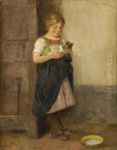 Die Katzenmama. Oil Painting by Hugo Oehmichen