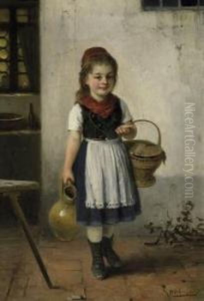 Little Girl With Jar And Basket. Signed Bottom Right: H. Oehmichen Oil Painting by Hugo Oehmichen