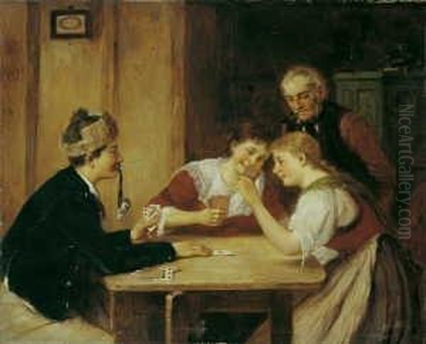 Beim Kartenspiel. Ol Auf Leinwand. H 55; B 68 Cm. Oil Painting by Hugo Oehmichen