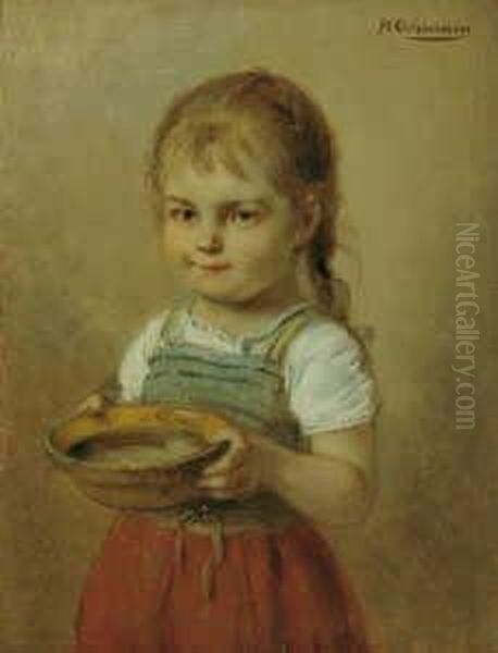 Kleines Madchen Mit Milchschussel. Oil Painting by Hugo Oehmichen