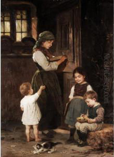 Junge Frau Mit Drei Kleinen Kindern Oil Painting by Hugo Oehmichen