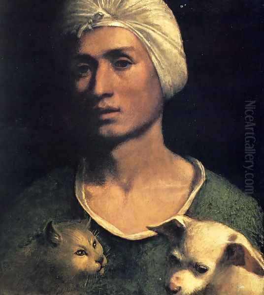 Portrait Of A Young Man With A Dog And A Cat Oil Painting by Dosso Dossi