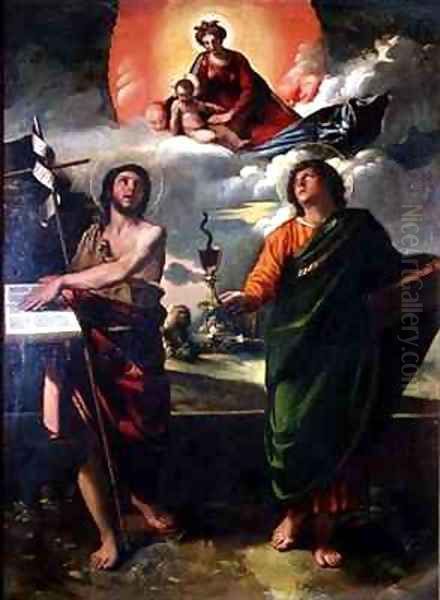 The Apparition of the Virgin to the Saints John the Baptist and John the Evangelist Oil Painting by Dosso Dossi