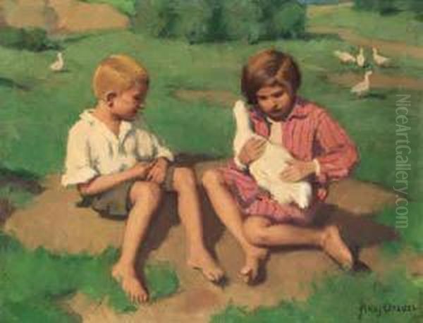 Children Playing With A Goose Oil Painting by Frans David Oerder