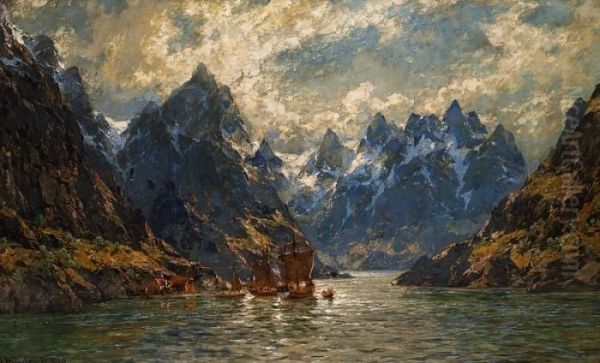 A Norwegian Fiord With Ships At A Bridge Oil Painting by Carl August H. Oesterley