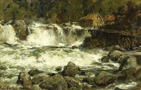 Steiniger Wasserfall An Oil Painting by Carl August H. Oesterley