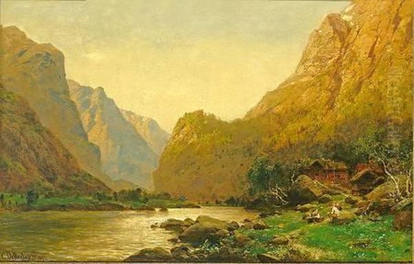 Romantische Flusslandschaft Mitpersonenstaffage An Einem Prachtvollen Sommertag Oil Painting by Carl August H. Oesterley