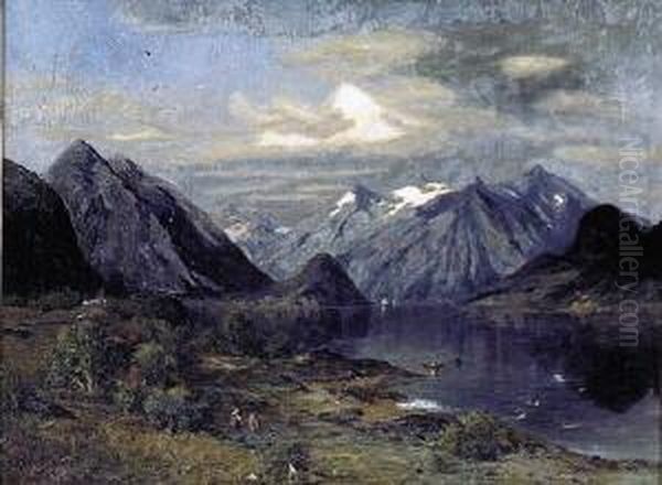 Fjord Mit Figurenstaffage Oil Painting by Carl August H. Oesterley