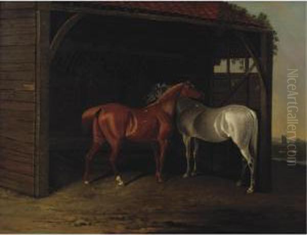 Two Hunters In A Barn Oil Painting by Edwin, Beccles Of Cooper