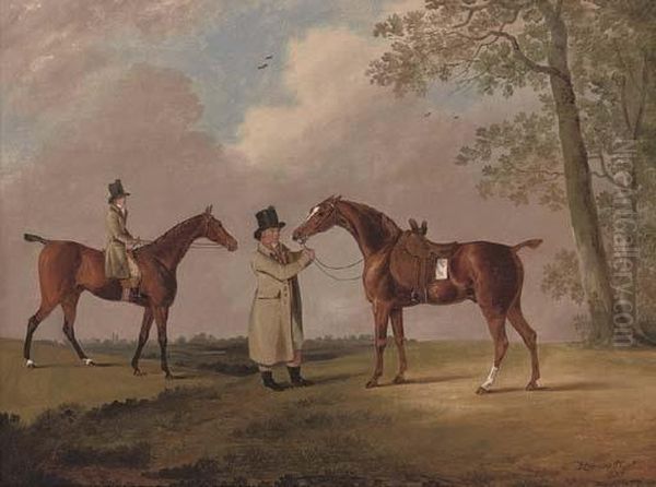 Two Gentleman With Their Hunters, In An Extensive Landscape Oil Painting by Edwin, Beccles Of Cooper