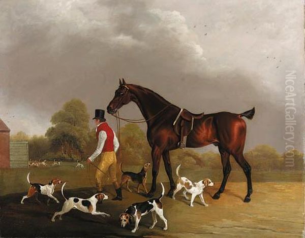 A Huntsman Leading A Bay Hunter, With Hounds Outside Kennels Oil Painting by Edwin, Beccles Of Cooper