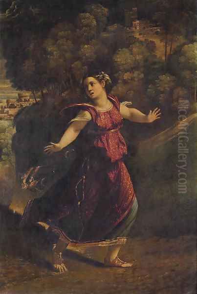 A woman fleeing on a wooded path Oil Painting by Dosso Dossi