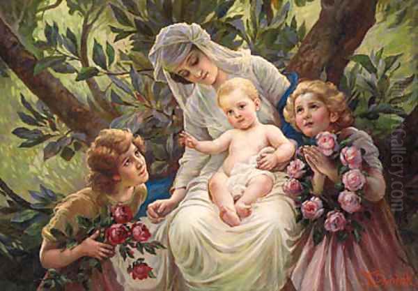 A Floral Tribute to a Mother and Child Oil Painting by Franz Dvorak