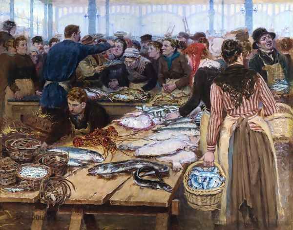 Fish Auction at Les Halles Oil Painting by Edouard-Jean Dambourgez