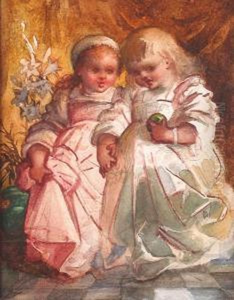 Portrait Of Young Girls With An Apple Oil Painting by Louisa Anne, Marchioness of Waterford