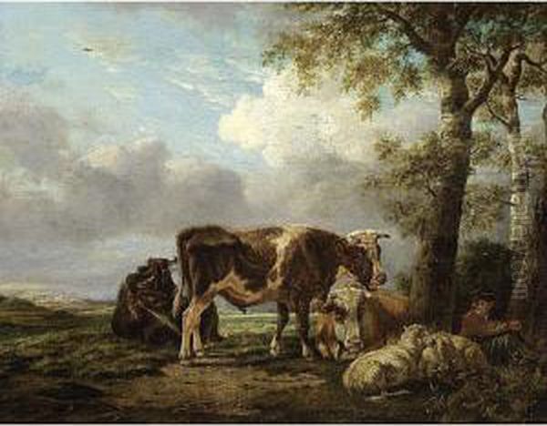 A Shepherd Boy And His Cattle Resting Besides A Tree Oil Painting by Anthony Jacobus Offermans