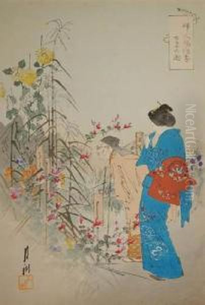 Kobieta Podziwiajaca Jesienne Kwiaty Oil Painting by Ogata Gekko