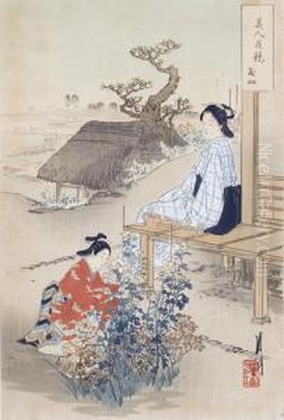 Zwei Damen Auf Der Veranda Und Im Garten. Oil Painting by Ogata Gekko