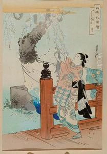 Dziewczyna Zrywajaca Kwiaty 
Kamelii, 1900, Z Serii Widoki Japonskich Ogrodow, Wydawca Matsuki 
Heikichi Oil Painting by Ogata Gekko