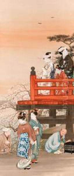 Cherry Blossom Viewing At Kiyomizu Hall In Ueno Oil Painting by Ogata Gekko